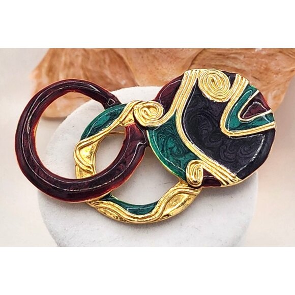 VTG ECD 90s Jewel Tones Circle Gold Tone Enamel Brooch Pin  Abstract Detail Fall - Picture 1 of 4